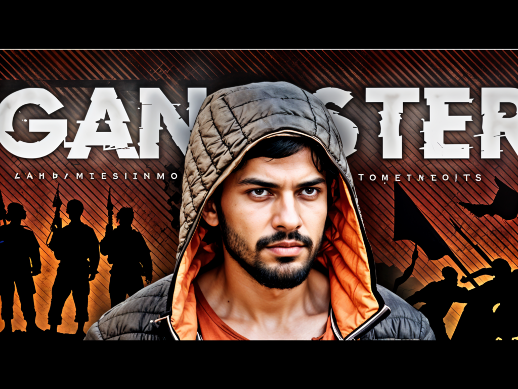 A conceptual illustration of Lawrence Bishnoi, a young man with a stern look and rugged appearance, standing against a Bishnoi village background with lush greenery.