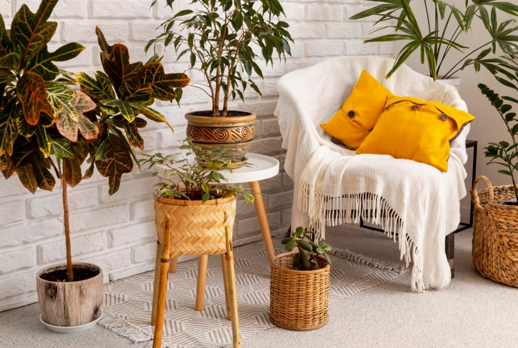 Calming room design with indoor plants and natural décor