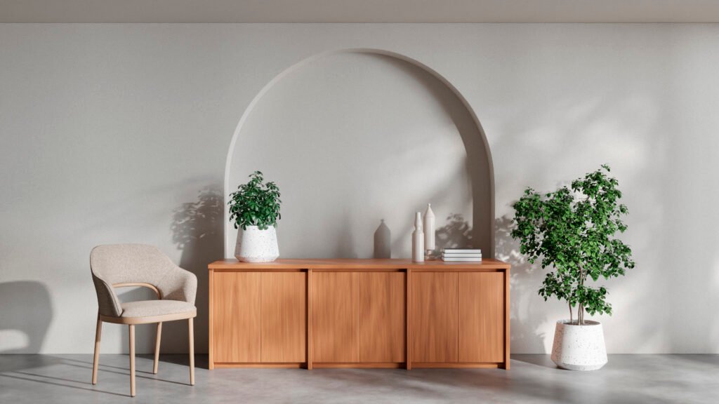 Minimalist living room with neutral colors, clean lines, and simple furniture.