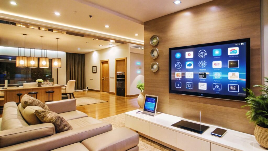 Modern living room interior with large TV screen showing home automation system.