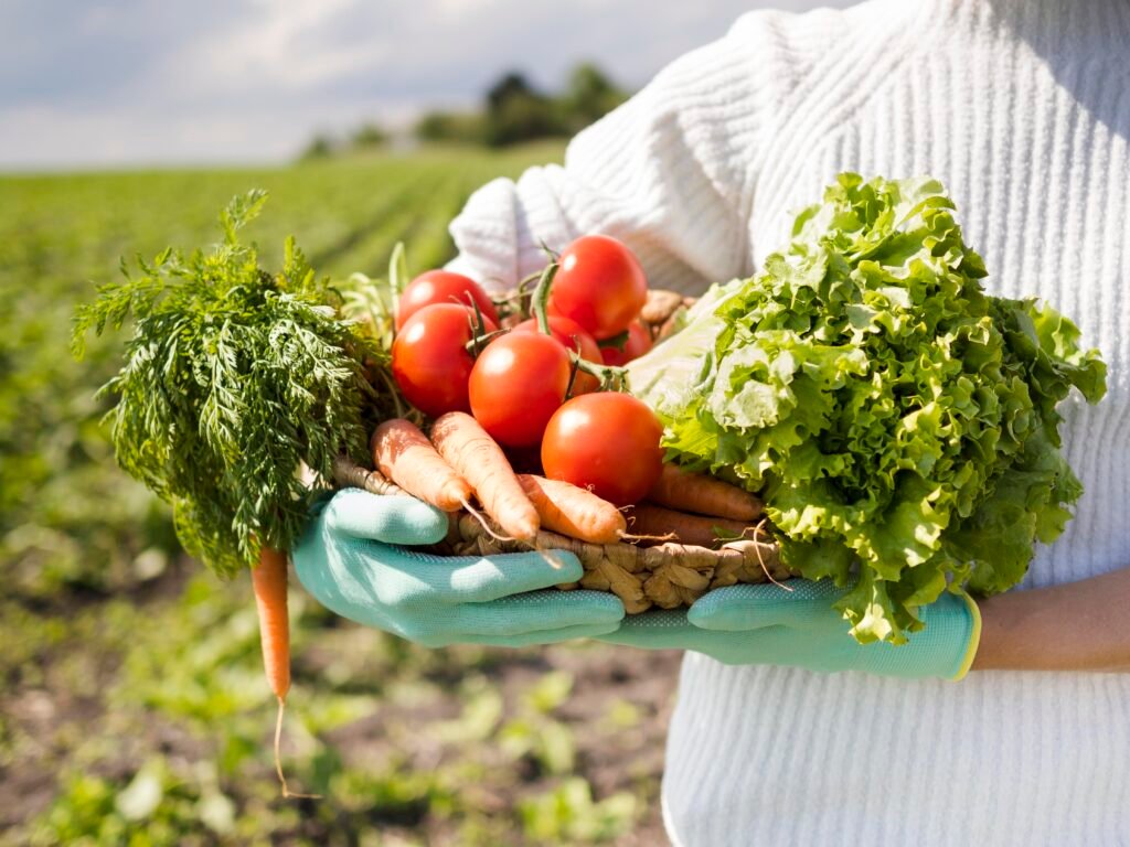 Woman holding a basket of fresh organic vegetables.
