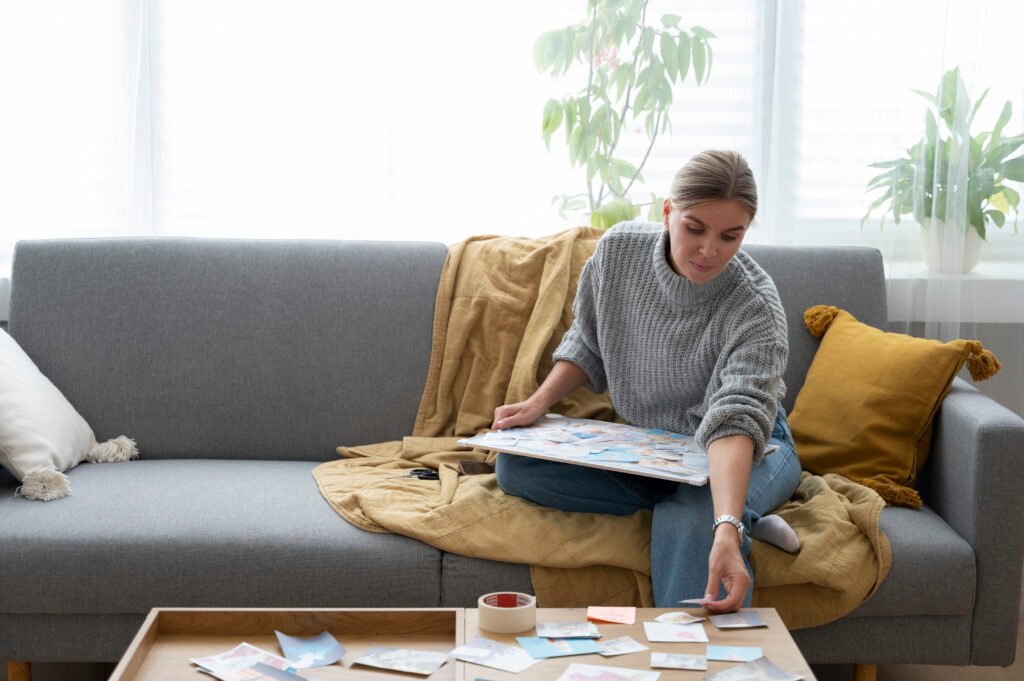 Front view of a woman creating a vision board, surrounded by colorful notes and images on a wall.